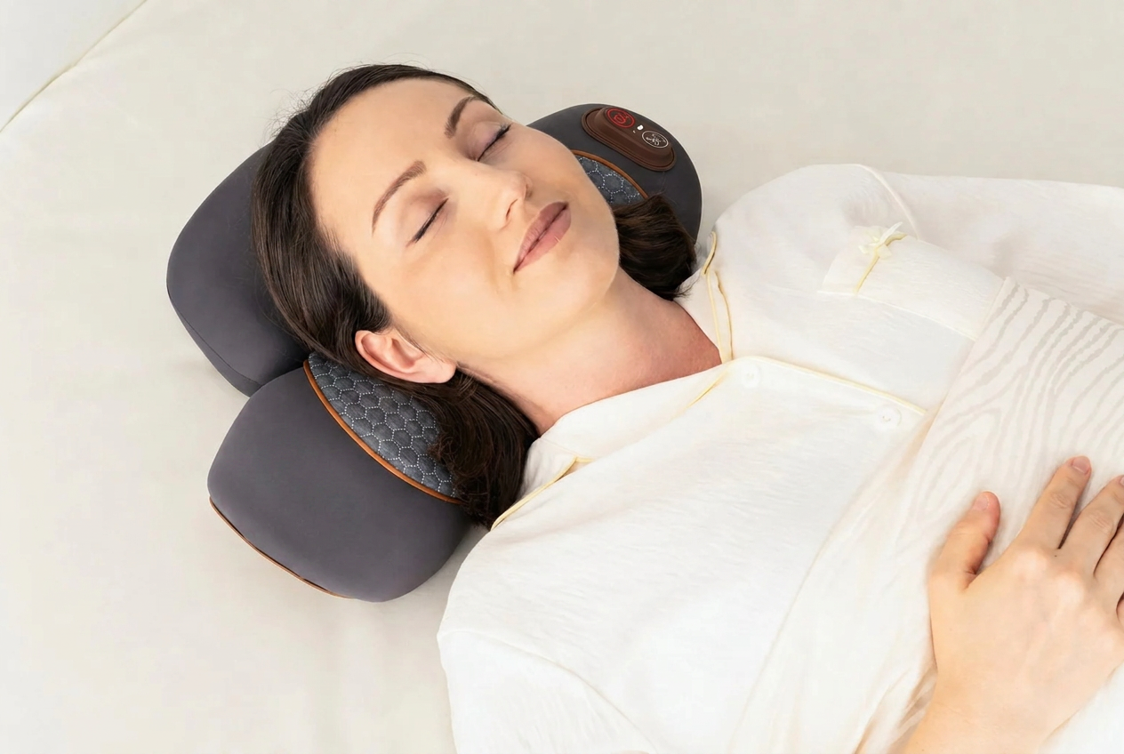 Woman relaxing with Glowmorra Thera Pillow